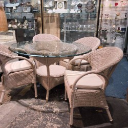 TABLE RONDE VERRE ET LOOM + 4 FAUTEUILS