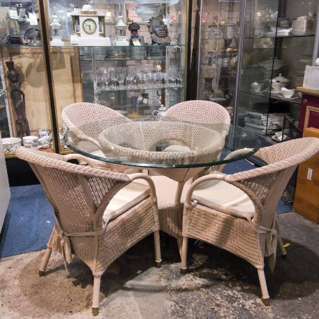 TABLE RONDE VERRE ET LOOM + 4 FAUTEUILS