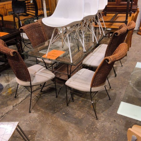 TABLE ET 6 CHAISES V VERRE ET OSIER TRESSE